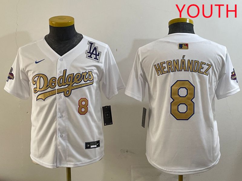 Youth Los Angeles Dodgers 8 Hernandez White Champion gold character 2025 Nike MLB Jersey style 5